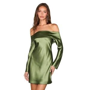 Lulus Luxurious Vision Olive Green Satin Off-the-Shoulder Mini Dress size L NWT